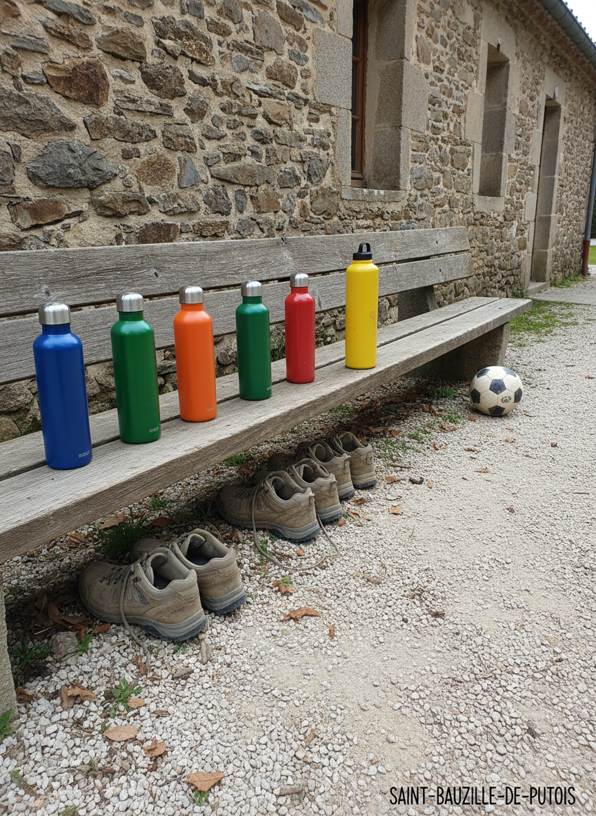A row of colorful metal water bottles and slightly dusty hiking shoes lined up casually under a rustic wooden bench outside a simple stone house in Saint-Bauzille-de-Putois. A soccer ball rests off to one side, partly in shadow, hinting at recent games. The uneven gravel ground is scattered with tiny leaves and pebbles. Soft overcast light creates an even, diffused illumination with subtle shadows beneath the bench, giving everything a calm, relaxed feeling. Shot from a low angle with the bench stretching diagonally through the frame, the composition feels spontaneous and unstaged. The photographic style is realistic and informal, like a candid daily snapshot from a youth camp blog.